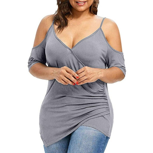 Womens Plus Size Summer Tunic Tops Short Sleeve Cold Shoulder Solid Cami T-shirt 